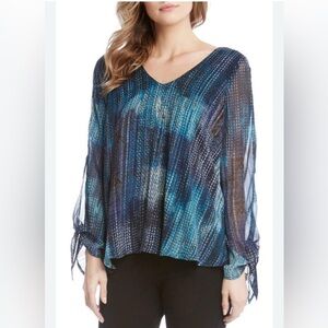 Karen Kane Haute Stiff Split Tie Sleeve Lined V-Neck Blouse Teal Sz S